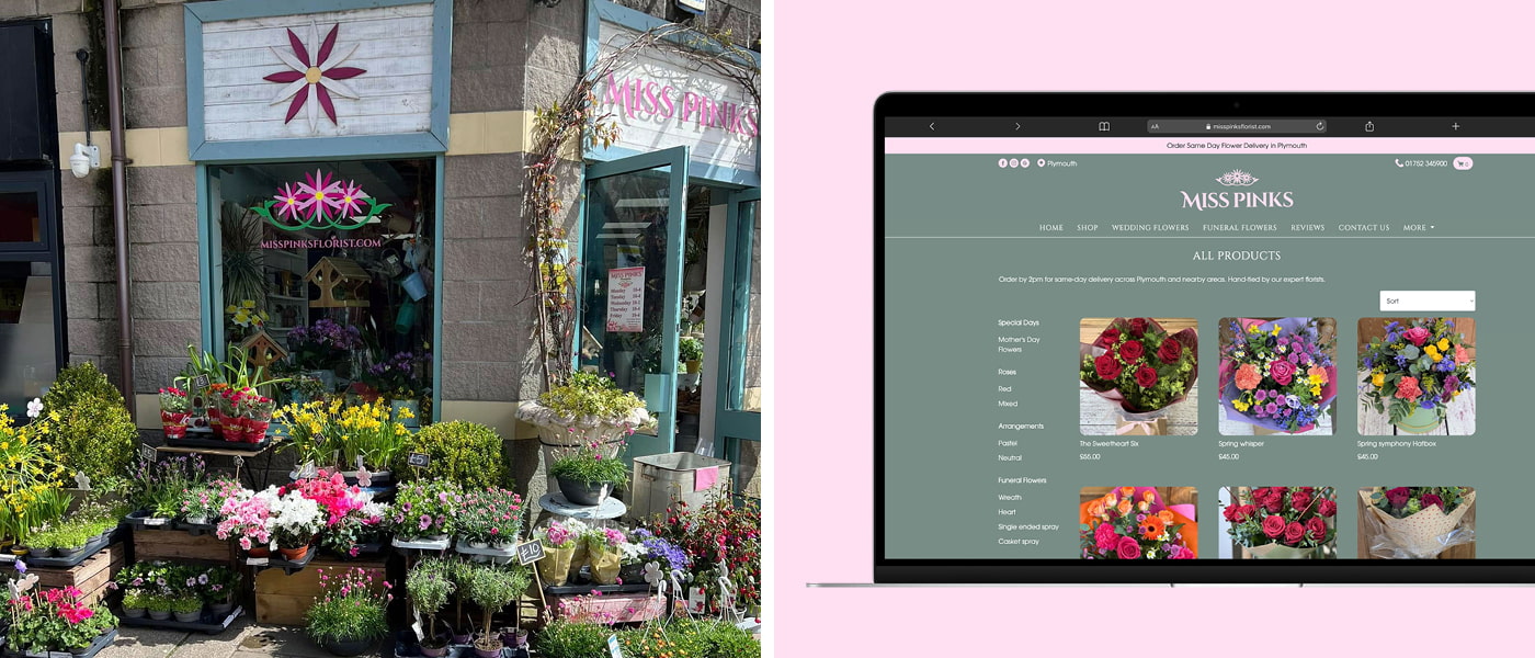 Miss Pinks Florist Shop Page with their own products