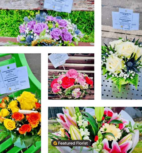 collage of vibrant Connection Bouquets left on public benches by Forget Me Nots florist in Ayr to support Loneliness Awareness Week.