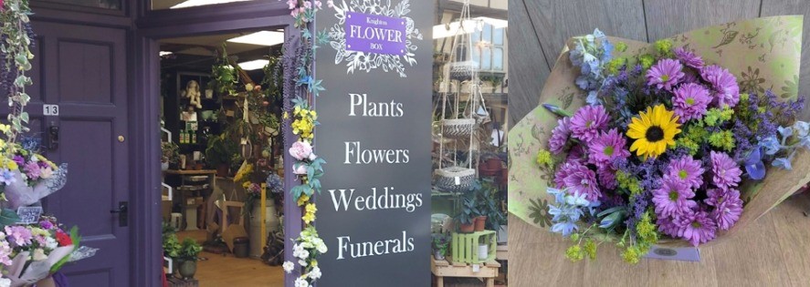 The Flower Box storefront in Knighton showing external floral displays and business signage