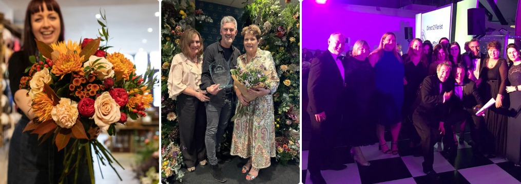Collage showing a smiling florist with a fresh bouquet alongside the Direct2florist team celebrating at industry award events, demonstrating why local high street craftsmanship wins.