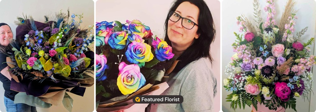 Collage featuring Sarah, owner of Sarah's Flowers Cheshire, alongside two of her handcrafted floral arrangements, including a vibrant rainbow rose bouquet and seasonal blooms.