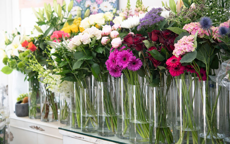 A variety of flowers in a flower shop.